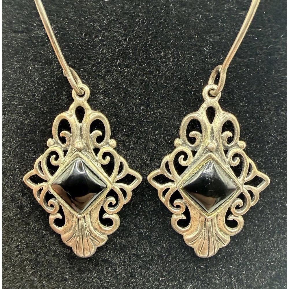 Vintage 925 Sterling Silver Black Onyx Filigree Kidney Wire Earrings CFJ Thai